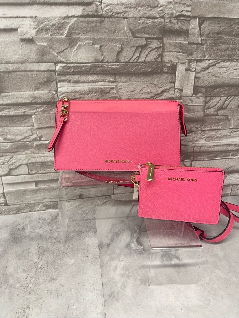 Michael Kors Pebble Leather Pouchette & Matching Wallet Camila Rose Pink